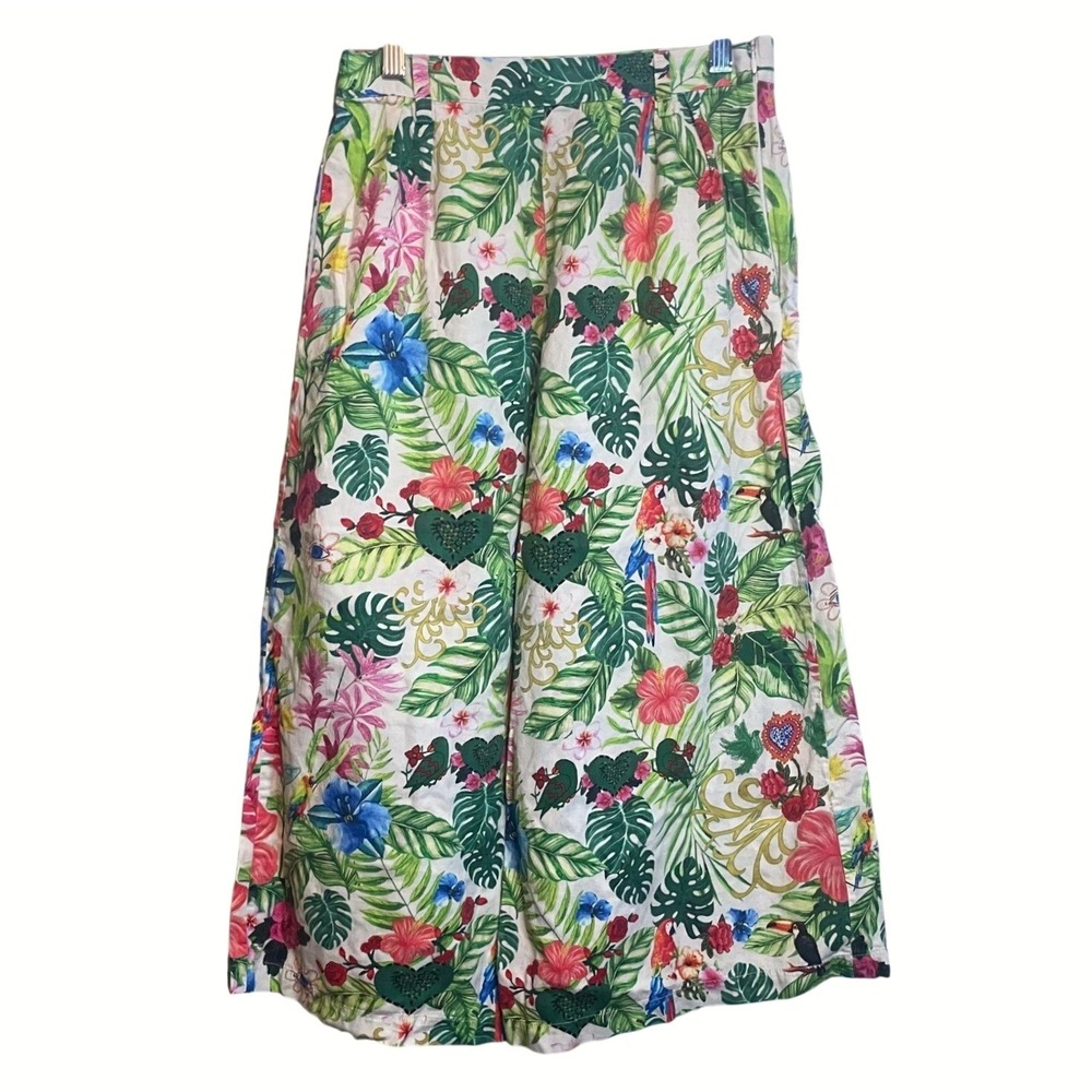 Miguelina Zendaya Tropical Print Wide Leg Floral Pants Cropped Fit Green Sixe XS